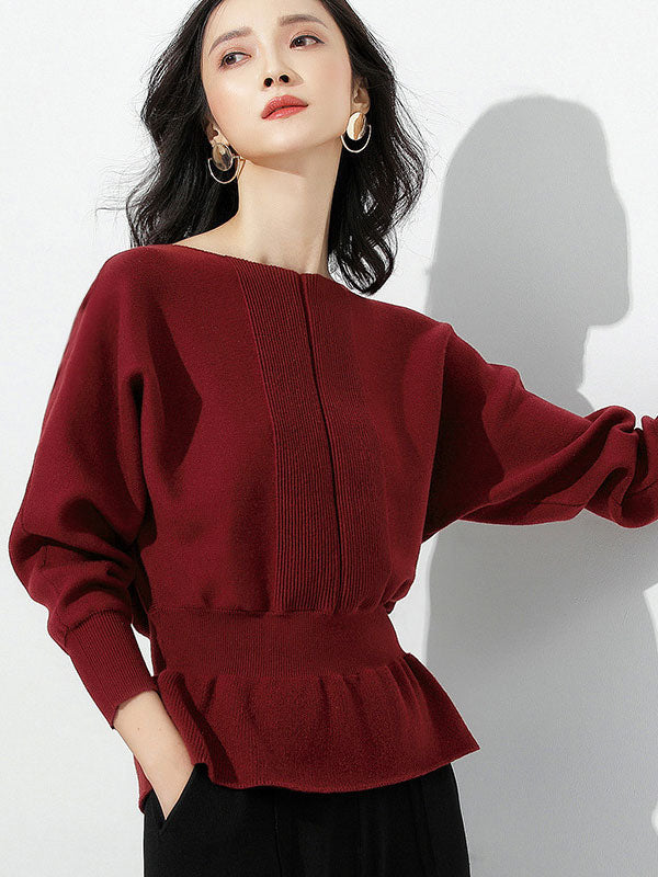 Red Boat Neck Tunic Ruffled Hem Long Sleeve Sweater An1040