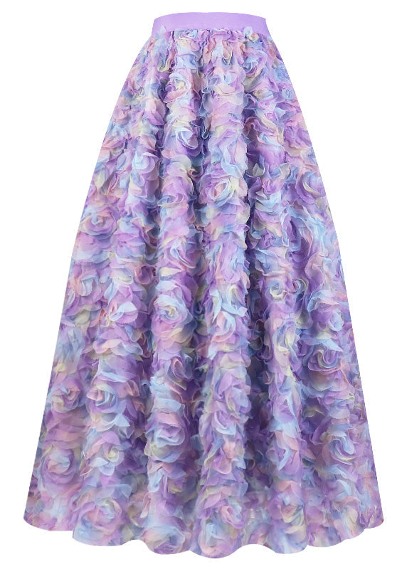 Sakura Gradient Pink Embroidered Elastic Waist Tulle Maxi Skirt