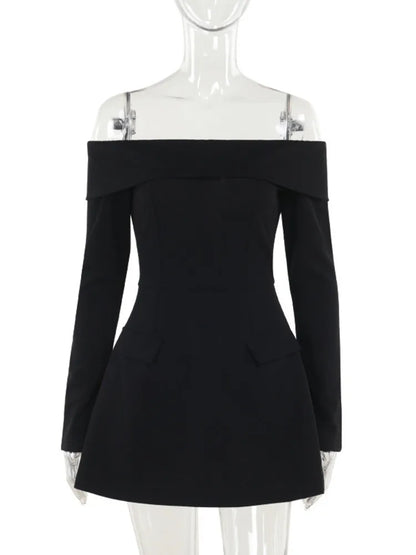 Off-shoulder Long Sleeve Mini Dress for Two Pocket Strapless Backless A-line Club Party Dress