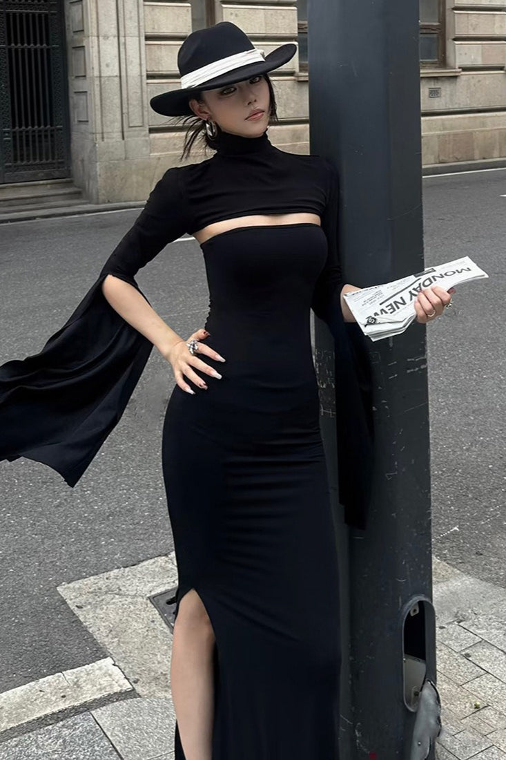 French High-end Slim Asymmetric Long-sleeve Maxi Dress