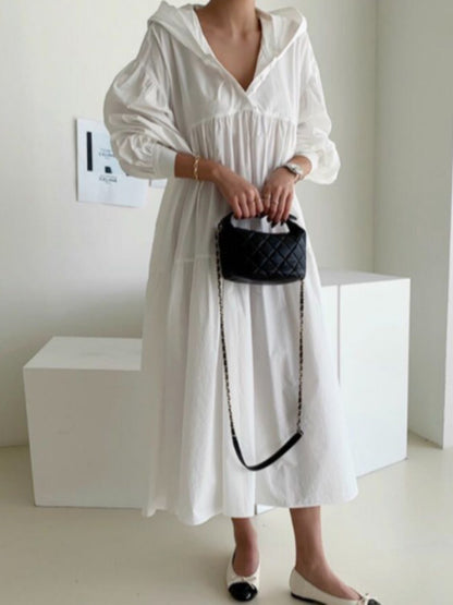 Urban Color Pleated Long Sleeves Hooded Midi Dress