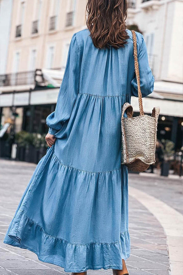 Denim V-neck Long-sleeved Ruffled Maxi Dress