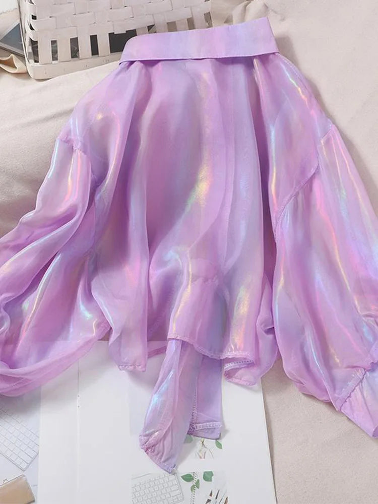 Buttoned Up Shirt Shirts Half Sleeve Shinning Sparkles Tied Waist Blouses for Autumn