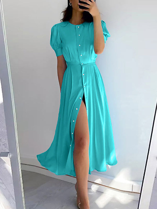 Puff Sleeves Short Sleeves Buttoned Color Round-neck Midi Dresses Shirt Dress