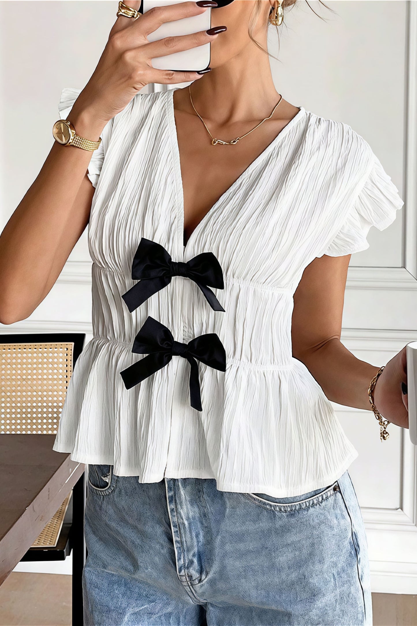 Bow Short Sleeve Open Blouse