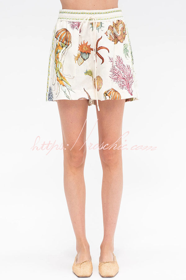 Beach Shell Print Short Sleeve Loose Shirt and Elastic Waist Tie Pocket Shorts Set