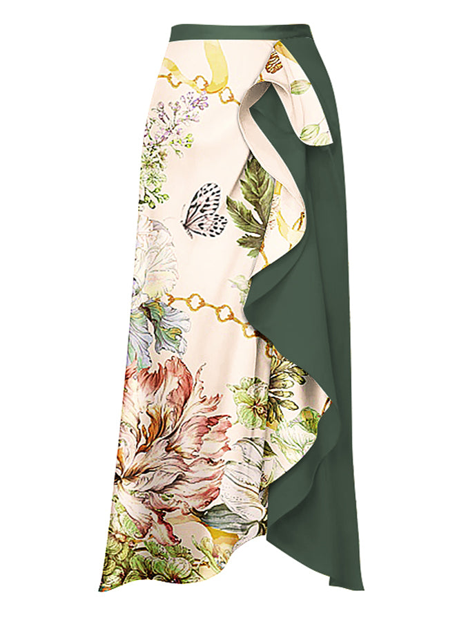 One Shoulder Print One Piece Swimsuit and Skirt