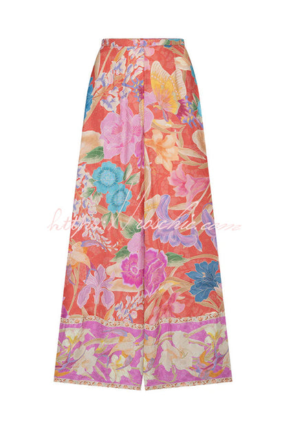 Painter's Garden Print Elastic Waist Pocketed Wide Leg Pants