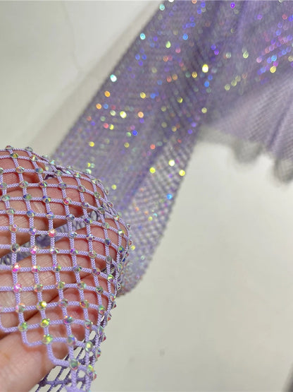 Sparkly Crystal Crop Tops for Fishnet Hollow Out See Through Cropped Coat Evening Night Club Top Party Wear