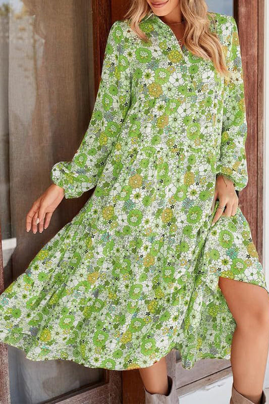 Print Loose Long Sleeve Midi Dress