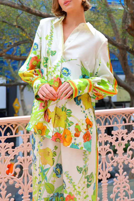 Satin Print Back Tie-up Button Down Oversized Blouse