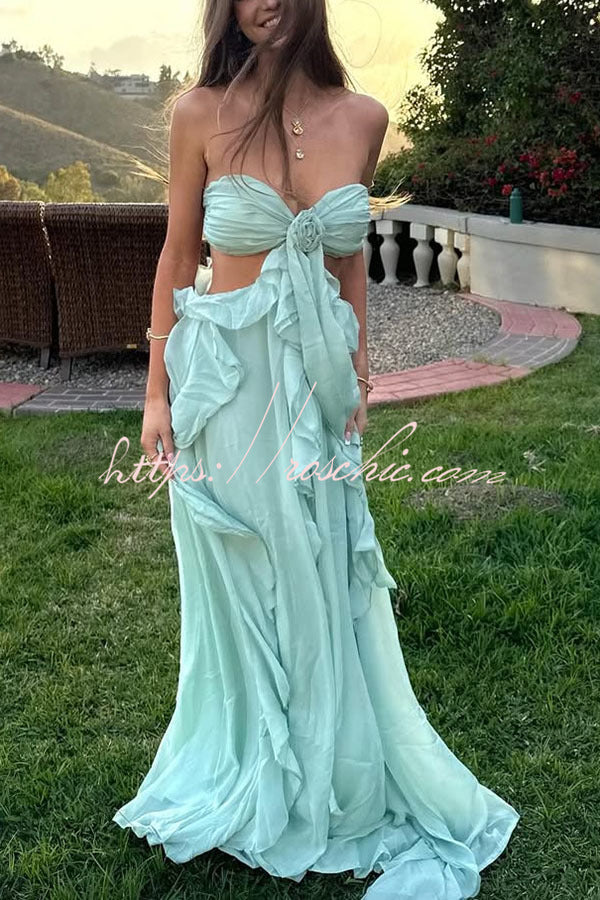 Vacation Halter Rose Detail Cut Out Ruffles Backless Maxi Dress