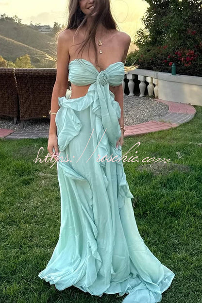 Vacation Halter Rose Detail Cut Out Ruffles Backless Maxi Dress