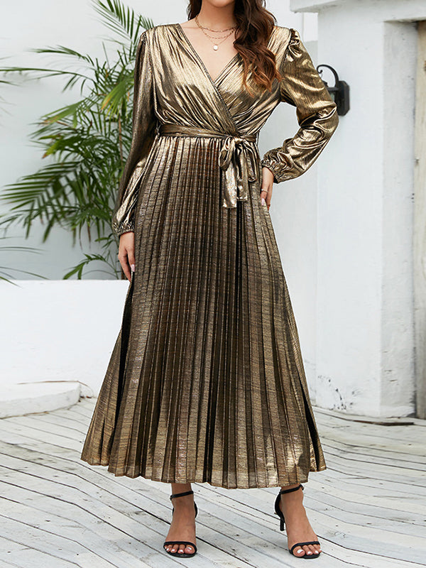 High Waisted Long Sleeves Bronzing Elasticity Pleated Color Tied Waist Deep V-neck Maxi Dresses