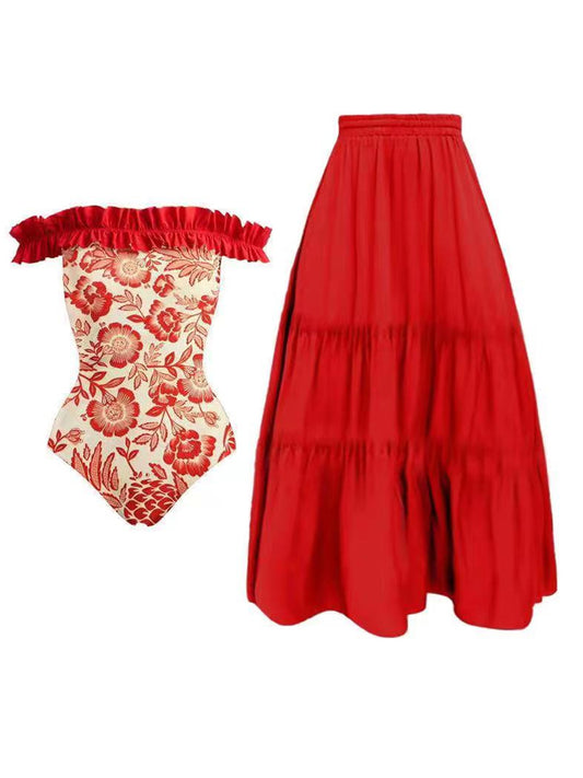 Printed Bandeau One-piece Swimsuit and Skirt
