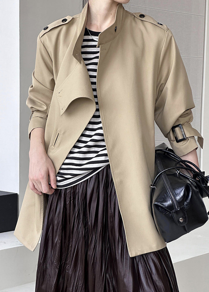 French Khaki Stand Collar Button Cotton Coats Fall Af1081