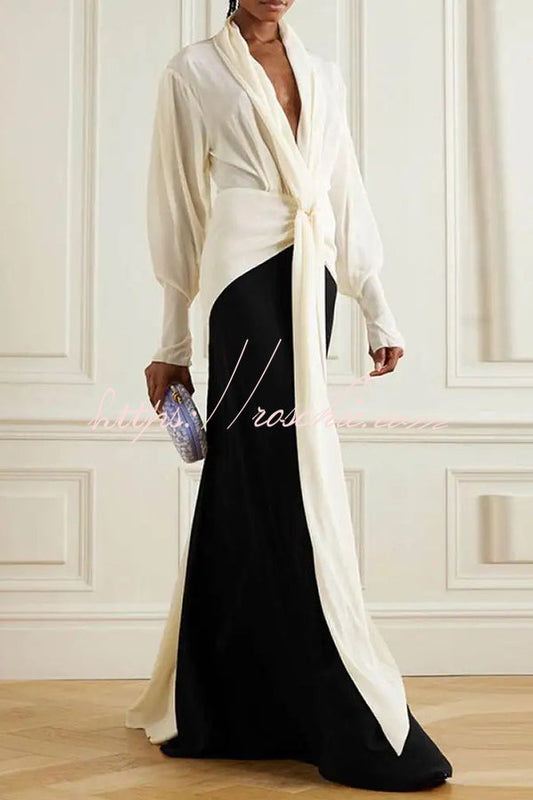 Contrast Color V-neck Tie High Waist Drape Maxi Dress