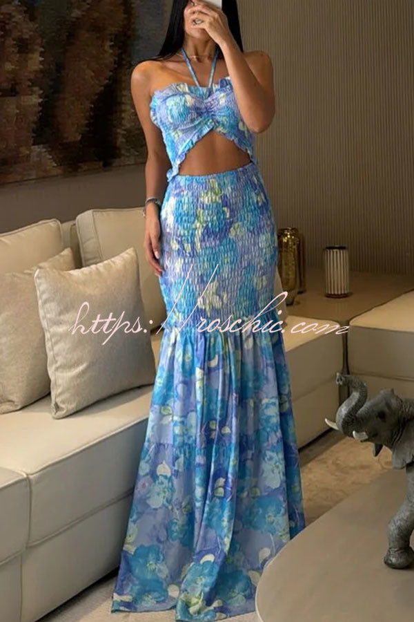 Vivica Smocked Cutout Halter Fishtail Stretch Maxi Dress