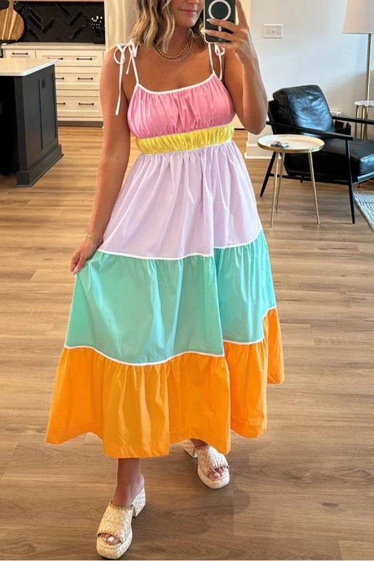 Multicolor Colorblock Self Tie Straps High Waist Flowy Maxi Dress With Pockets