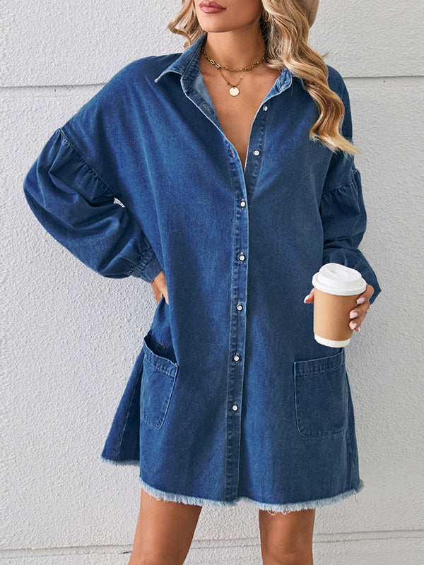 Long Sleeves Loose Buttoned Fringed Pleated Pockets Split-joint Lapel Mini Dresses