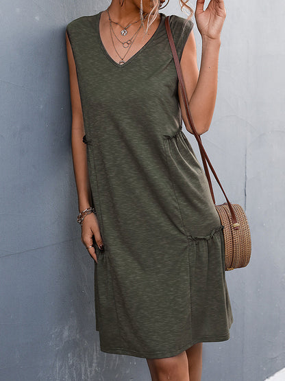 A-line Loose Pleated Color Split-joint V-neck Midi Dresses