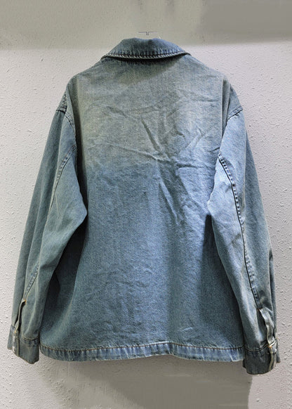 Denim Peter Pan Spring Coat New Button Collar Bow Blue