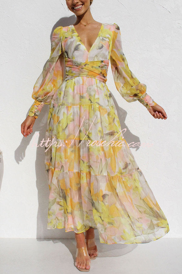 Olena Abstract Balloon Sleeves Maxi Dress (the Back Is Stretchy)