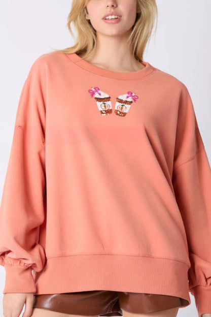 Halloween Coffee Sequin Top Loose Sweatshirt