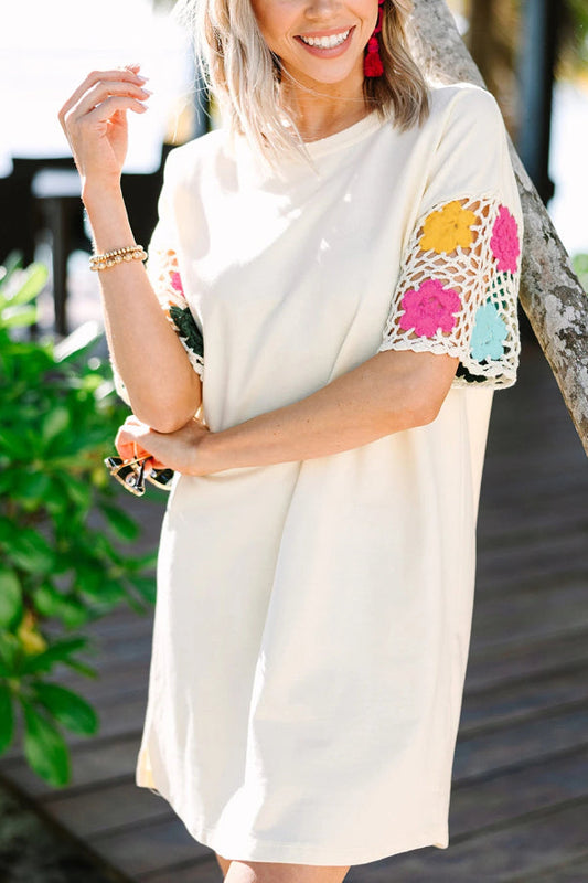 White Crochet Splicing Sleeve T-shirt Dress