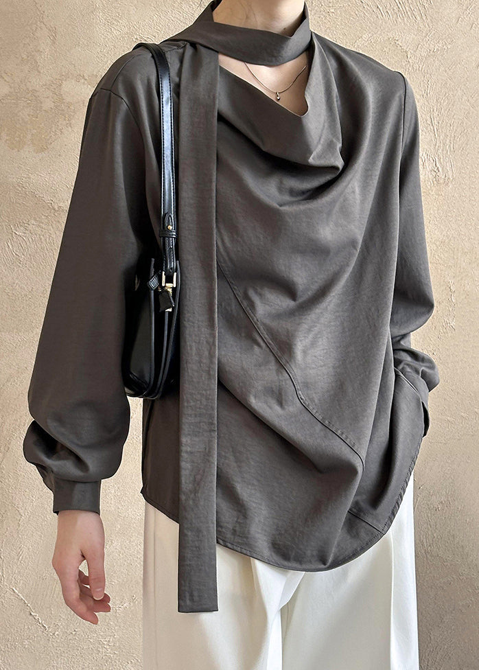 French Grey Button Bow Cotton Blouses Fall Af1058