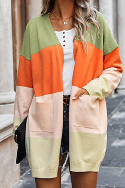 Contrasting Rainbow Paneled Striped Long Cardigan Sweater With Pockets