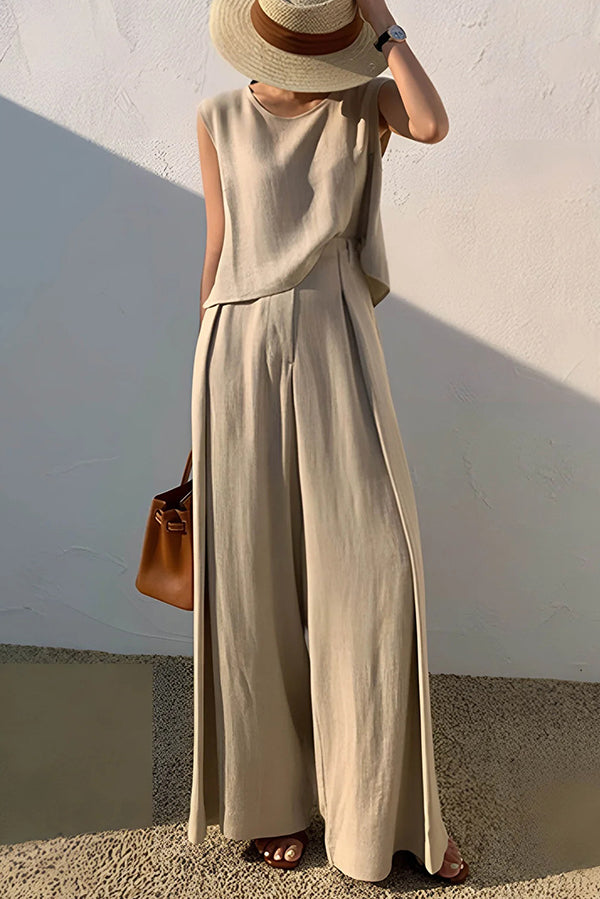 Linen Blend Round Neck Sleeveless Top and Loose Wide-leg Pants Set