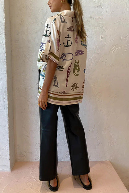 Sail Away Satin Unique Nautical Motifs Print Button Down Pocket Oversized Blouse