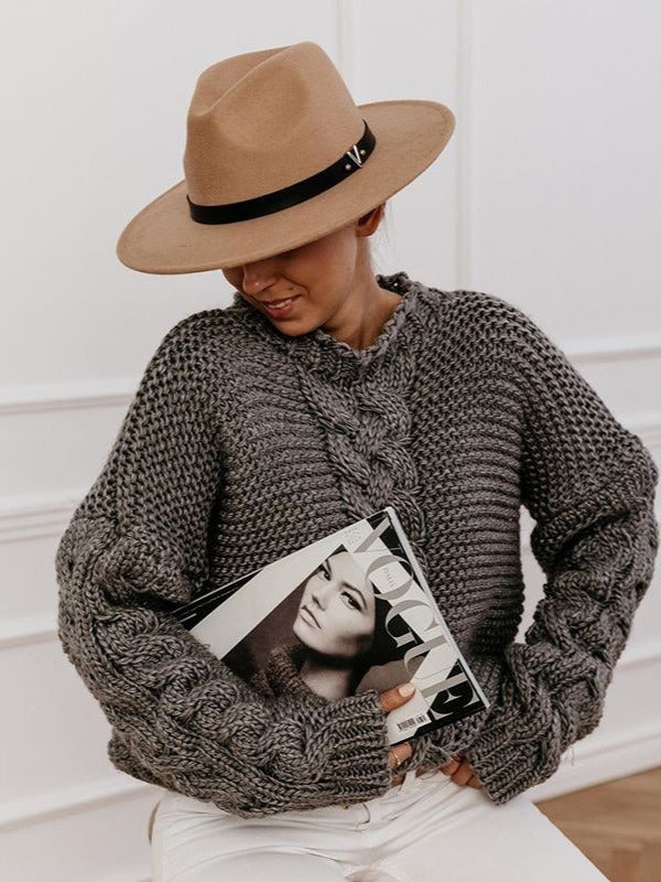 Color V-neck Cable Knit Sweater