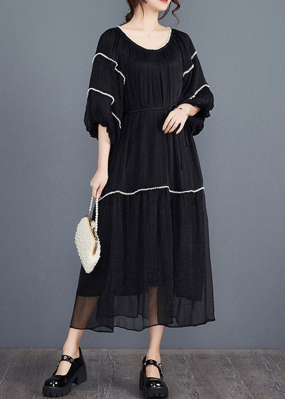 Black Nail Bead Long Dresses Half Sleeve Aj1022