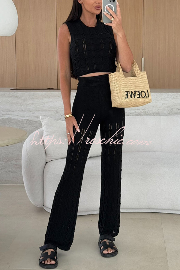 Color Hollow Sleeveless Round Neck Knitted Vest and Stretch Straight Pants Set