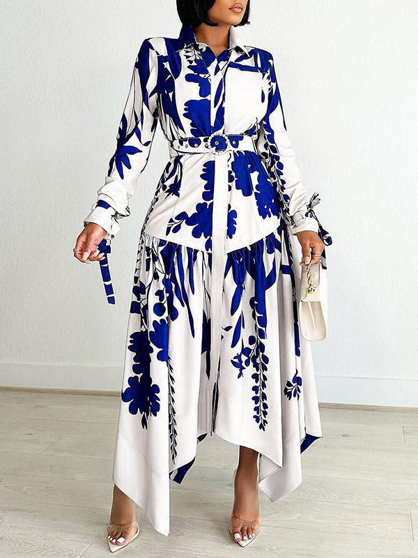 Irregular Clipping Long Sleeves Lace-up Pleated Printed Split-joint Tied Waist Lapel Maxi Dresses Shirt Dress