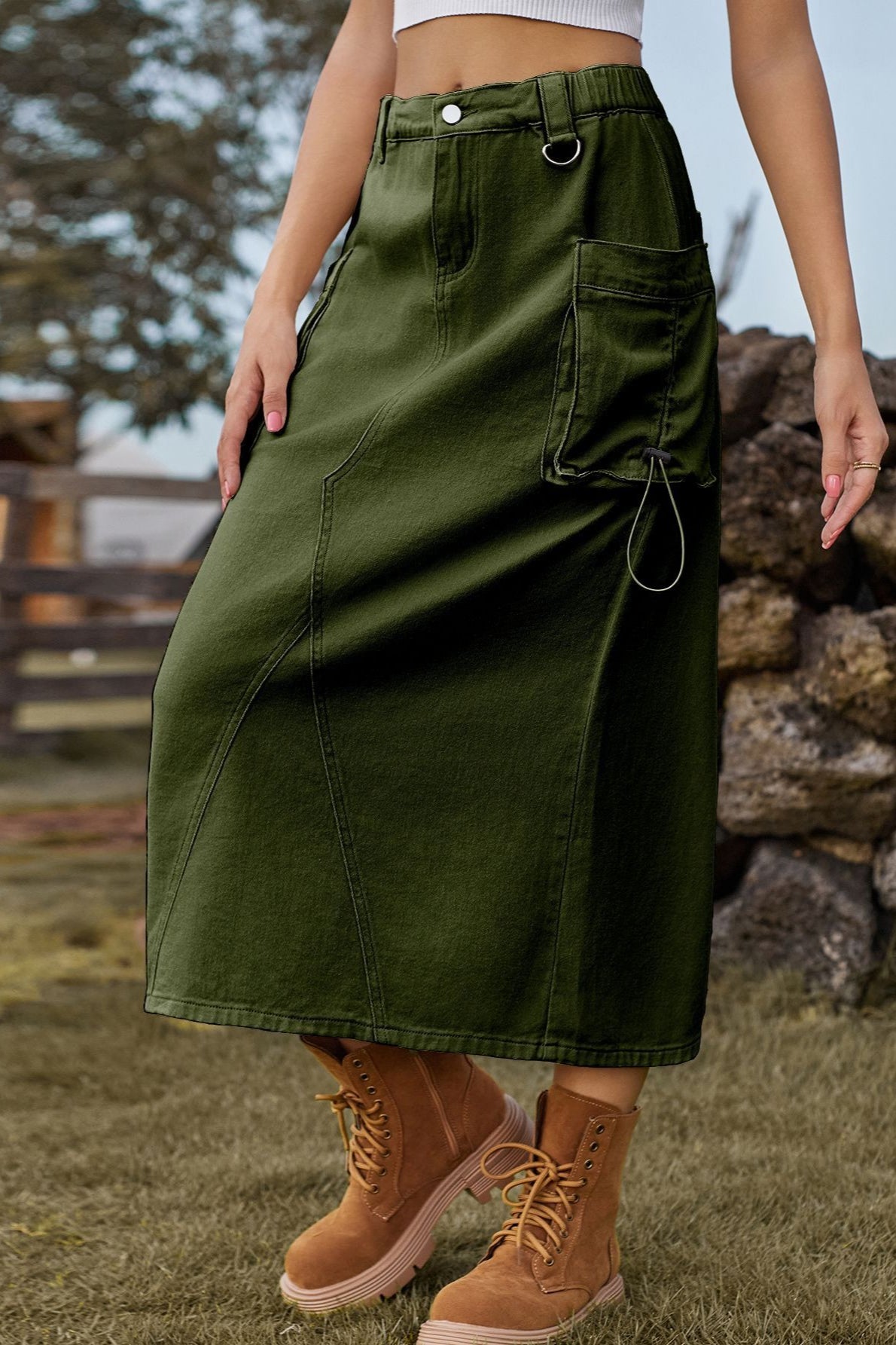 High-waist Denim Cargo Midi Skirt