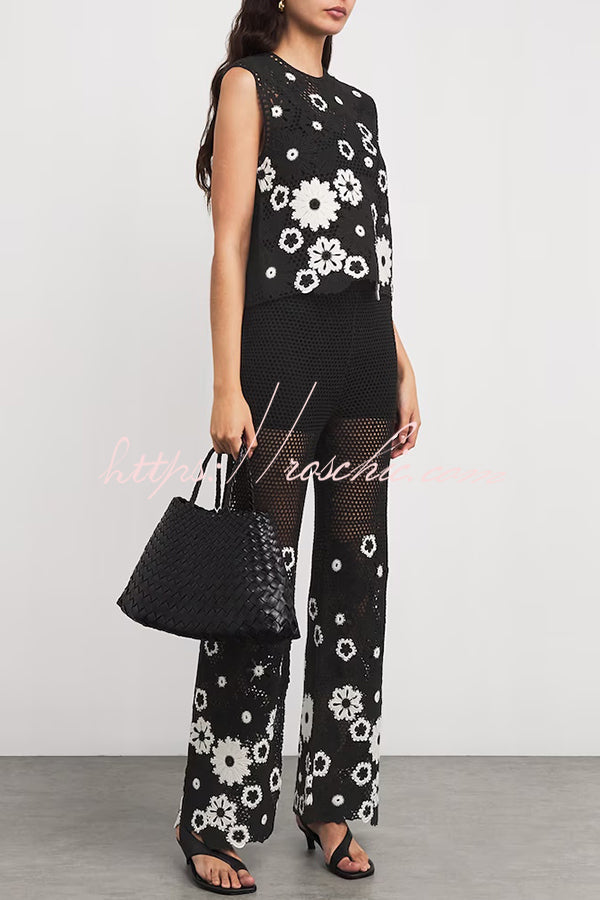 Embroidered Hollow Hook Elastic Waist Wide-leg Pants