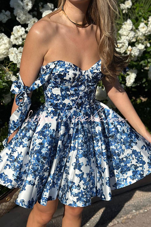 Garden of Eden Print Bow Straps Princess Flared Mini Dress