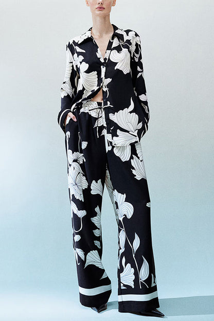 Unique Print Lapel Long Sleeve Loose Shirt and Elastic Waist Pocket Wide Leg Pants Set
