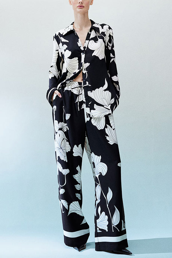 Unique Print Lapel Long Sleeve Loose Shirt and Elastic Waist Pocket Wide Leg Pants Set