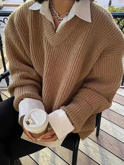 Simple Loose Klein Blue V-neck Long Sleeve Knit Sweater An1066