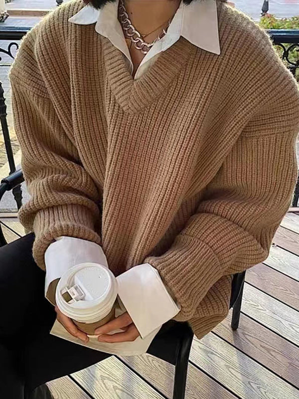 Simple Loose Klein Blue V-neck Long Sleeve Knit Sweater An1066