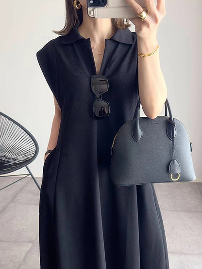 Loose Raglan Sleeve Pleated Color Lapel Maxi Dresses