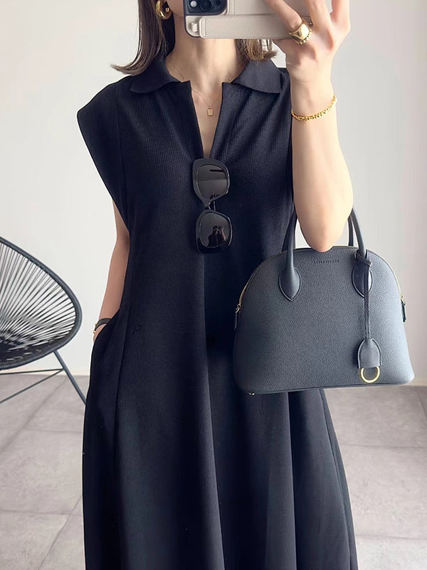 Loose Raglan Sleeve Pleated Color Lapel Maxi Dresses