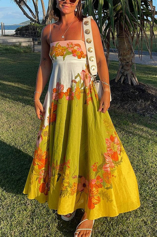 Malakai Linen Blend Contrast Print Back Smocked Pocket Maxi Dress