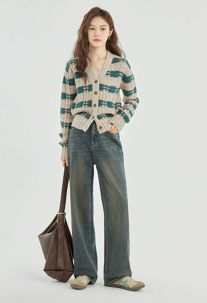 Green and Beige Plaid Knit Cardigan
