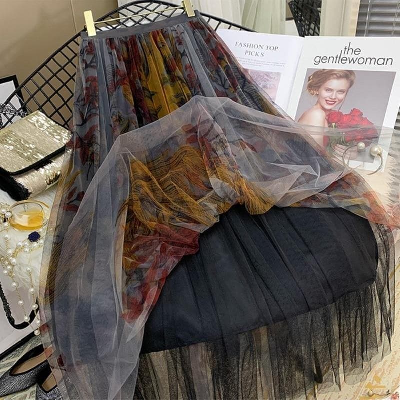 Retro Printed Tulle Skirt
