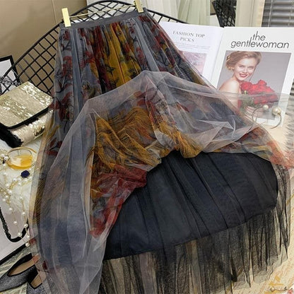 Retro Printed Tulle Skirt